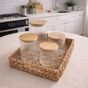 Frasco de vidrio set 4 medidas con tapa 10, 12, 15 y 20cm