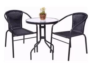 Juego Patio mesa vidrio 60cm + 2 sillas Ratan Marron/Negro