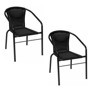 Juego Patio mesa vidrio 60cm + 2 sillas Ratan Marron/Negro